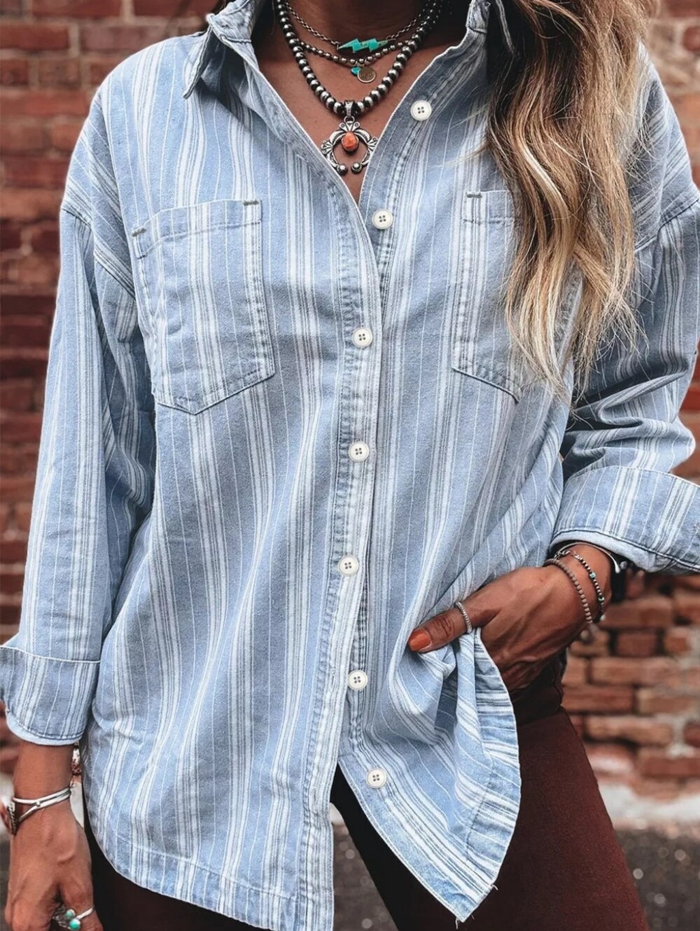 Stripe Boyfriend Chest Pocket Classic Denim Shacket